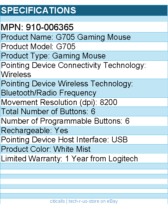 Logitech 910-006365 G705 Gaming Mouse - Wireless - Bluetooth/RF