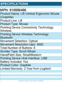Logitech 910006466 Lift Vertical Ergonomic Mouse, Wireless, Bluetooth