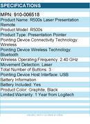 Logitech 910-006518 R500s Laser Presentation Remote, Bluetooth, USB-A Receiver