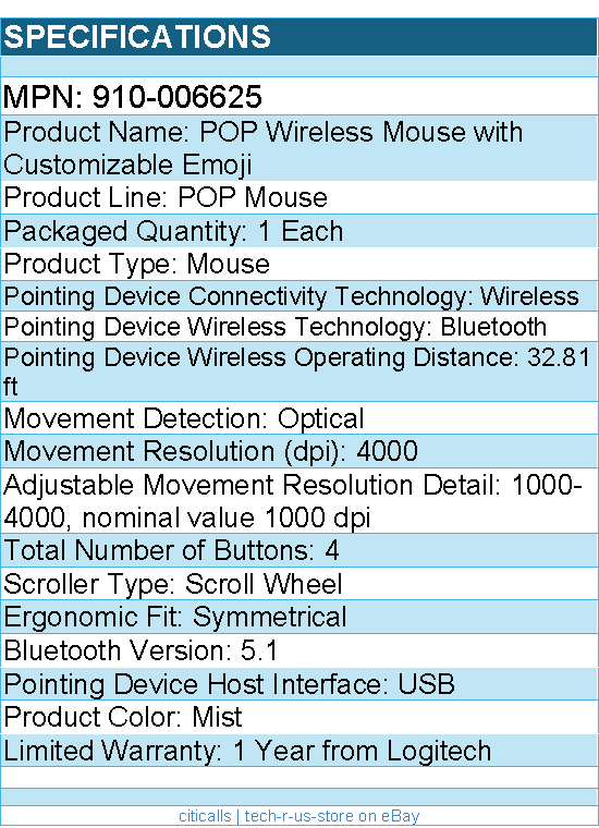 Logitech 910-006625 POP Mouse, Wireless Mouse - Bluetooth - Mist