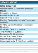 Logitech 910007113 M240 Silent Bluetooth Mouse (Graphite) - Wireless - Optical