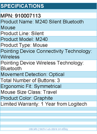 Logitech 910007113 M240 Silent Bluetooth Mouse (Graphite) - Wireless - Optical