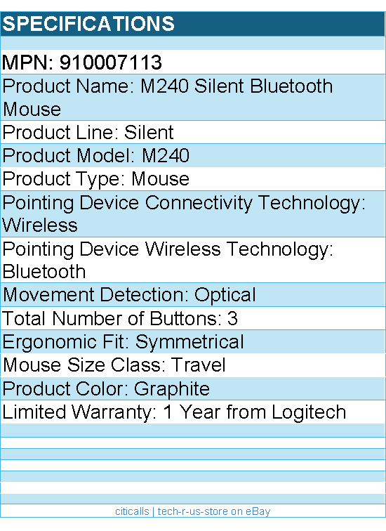 Logitech 910007113 M240 Silent Bluetooth Mouse (Graphite) - Wireless - Optical