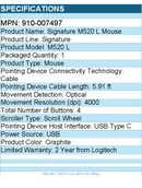 Logitech 910-007497 Signature Wired M520 Large for Business, Optical Wired Mouse
