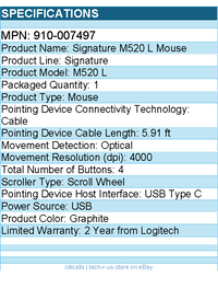 Logitech 910-007497 Signature Wired M520 Large for Business, Optical Wired Mouse