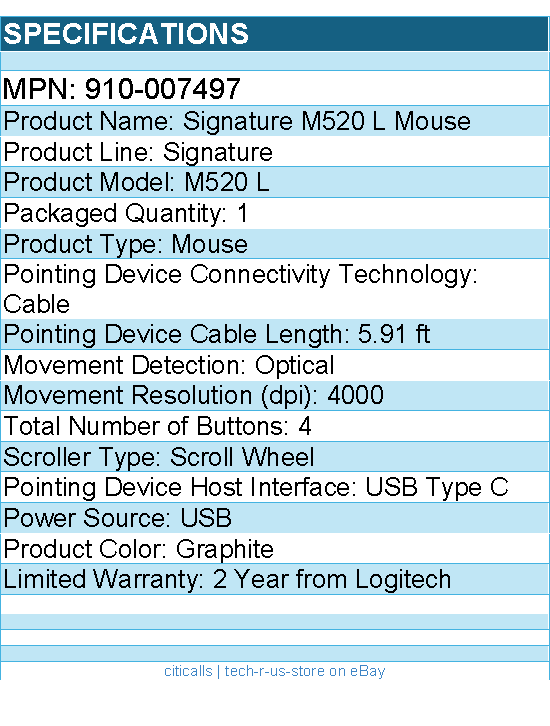Logitech 910-007497 Signature Wired M520 Large for Business, Optical Wired Mouse