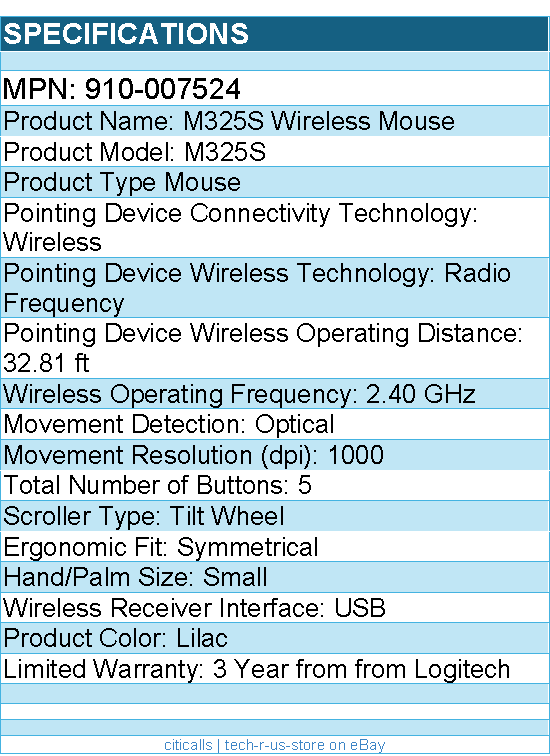 Logitech 910-007524 M325S Wireless Mouse - Optical - 1000 dpi