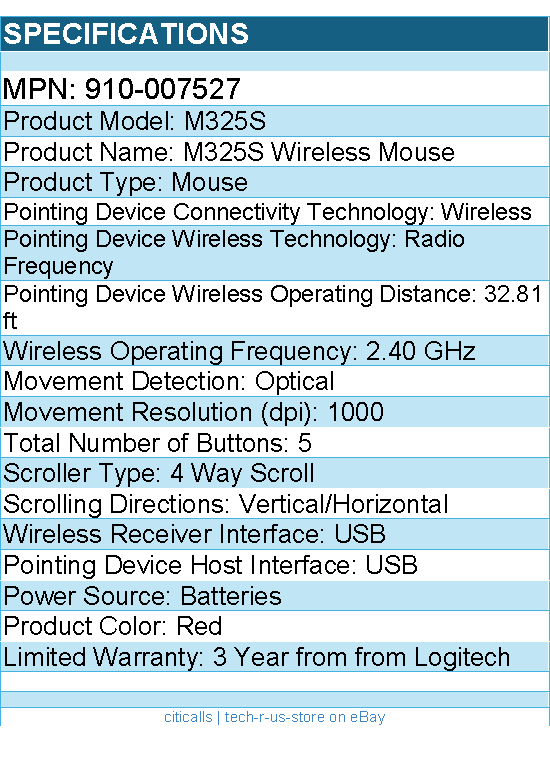 Logitech 910-007527 M325S Wireless Mouse - Optical - USB - 1000 dpi