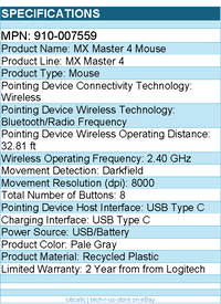 Logitech 910-007559 MX Master 4, Ergonomic Wireless Mouse - 8000 dpi