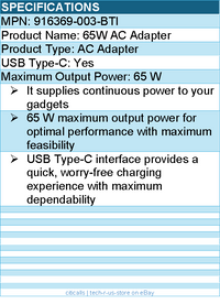 BTI 916369-003-BTI 65W TYPE-C AC ADAPTER - Compatible OEM: 916369-003