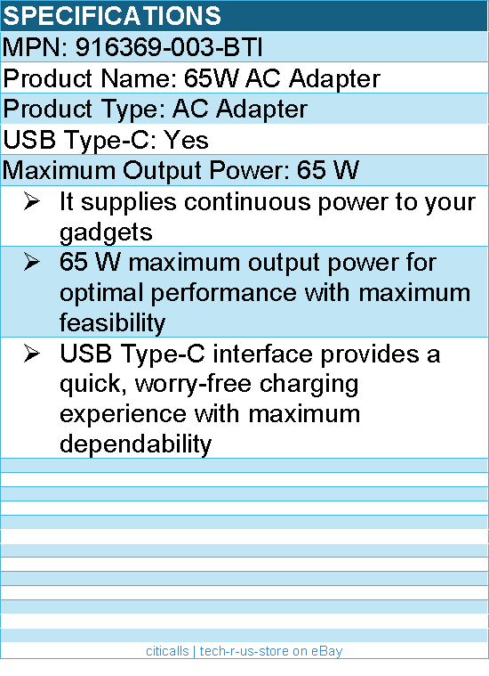 BTI 916369-003-BTI 65W TYPE-C AC ADAPTER - Compatible OEM: 916369-003