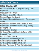 Logitech 920-002478 K120 Plug-and-Play USB Keyboard - Black