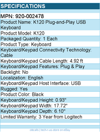 Logitech 920-002478 K120 Plug-and-Play USB Keyboard - Black