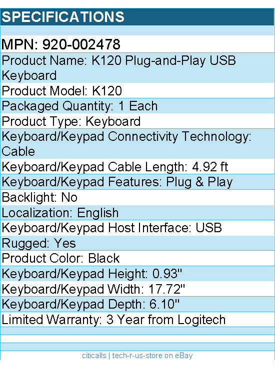 Logitech 920-002478 K120 Plug-and-Play USB Keyboard - Black