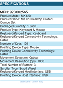 Logitech 920-002565 Keyboard & Mouse Desktop Mk120 Wired USB Retail