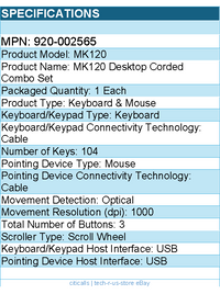Logitech 920-002565 Keyboard & Mouse Desktop Mk120 Wired USB Retail