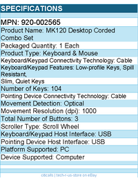 Logitech 920-002565 MK120 Wired Keyboard and Mouse Combo for Windows