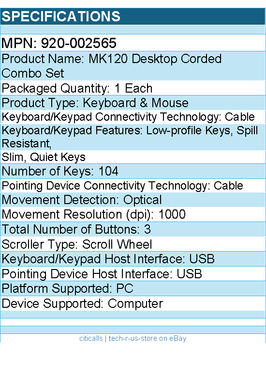 Logitech 920-002565 MK120 Wired Keyboard and Mouse Combo for Windows
