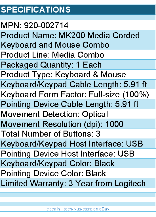 Logitech 920-002714 MK200 Media Corded Keyboard and Mouse Combo