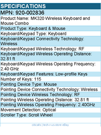 Logitech 920-002836 Keyboard and Mouse Wireless Desktop MK320 2.4GHz Retail