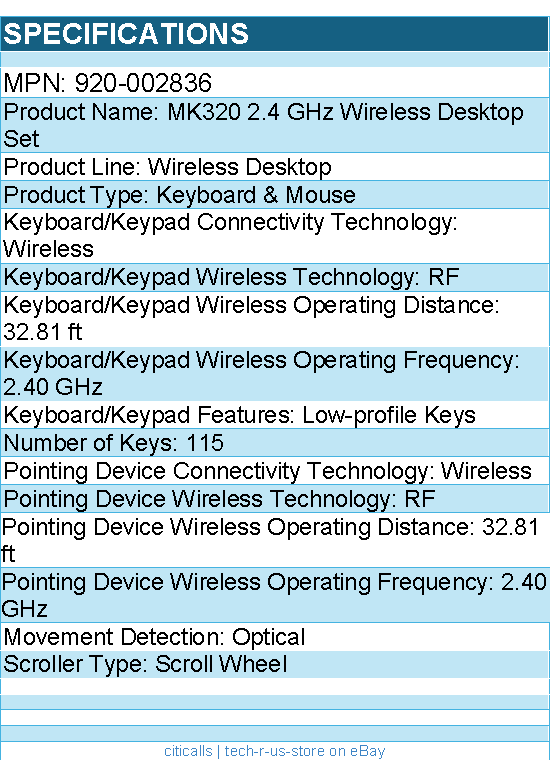 Logitech 920-002836 MK320 Wireless Keyboard and Mouse Combo for Windows