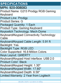 Logitech 920-008083 G213 Prodigy Gaming Keyboard - Black