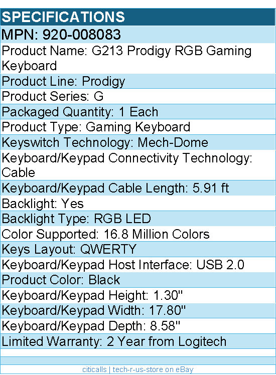 Logitech 920-008083 G213 Prodigy Gaming Keyboard - Black