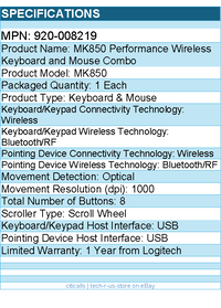 Logitech 920-008219 MK850 Performance Wireless Keyboard and Mouse Combo
