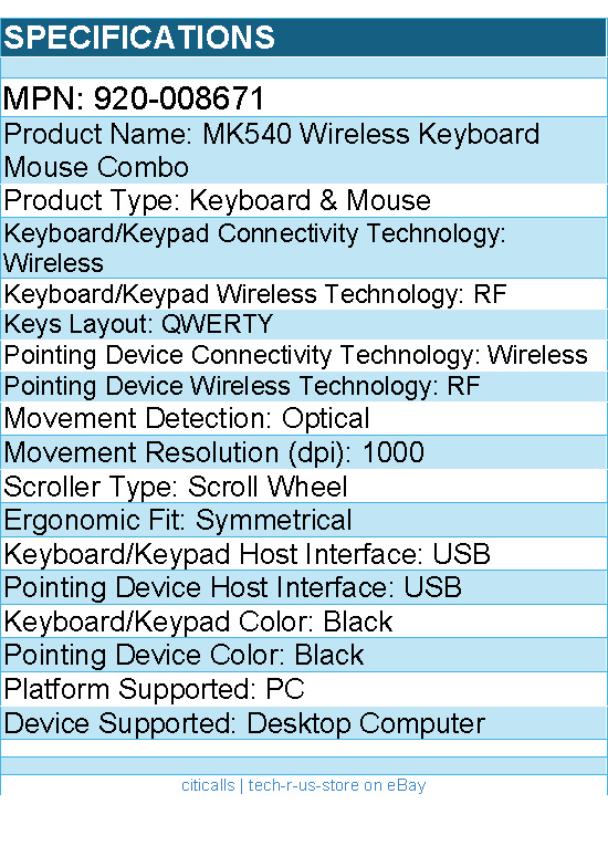 Logitech 920-008671 MK540 Advanced Wireless Keyboard and Mouse Combo