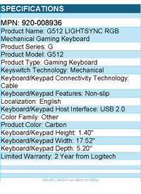 Logitech 920-008936 G512 RGB Mechanical Gaming Keyboard - Carbon