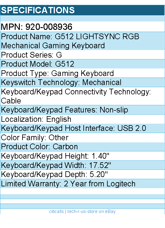 Logitech 920-008936 G512 RGB Mechanical Gaming Keyboard - Carbon