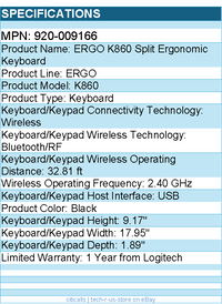 Logitech 920-009166 ERGO K860 Split Ergonomic Keyboard, Wireless - Graphite
