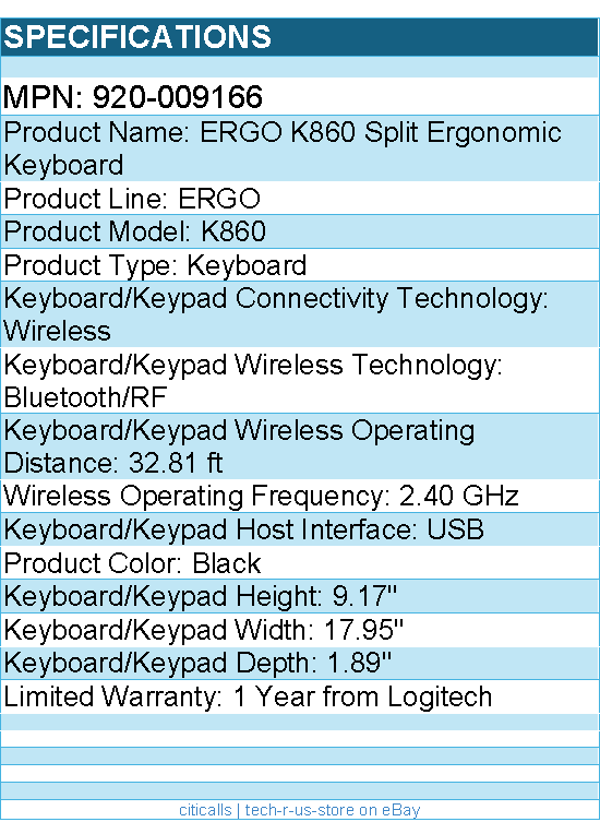 Logitech 920-009166 ERGO K860 Split Ergonomic Keyboard, Wireless - Graphite