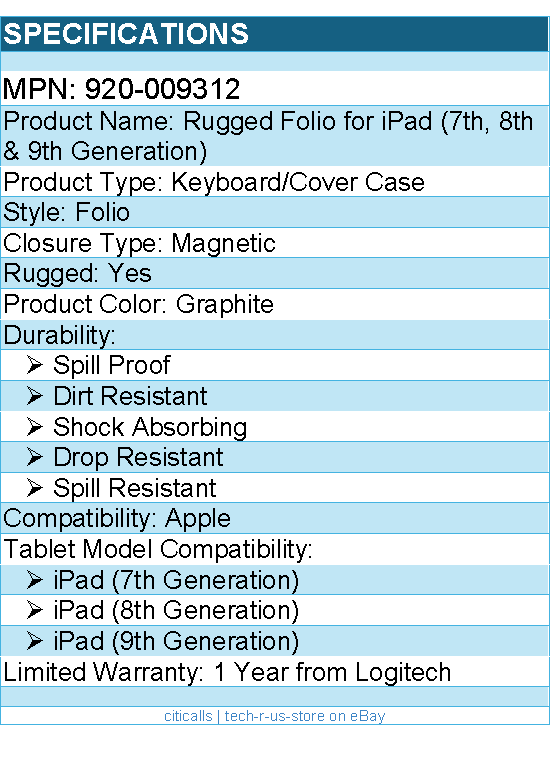 Logitech 920-009312 Rugged Folio Rugged Keyboard/Cover Case - Graphite