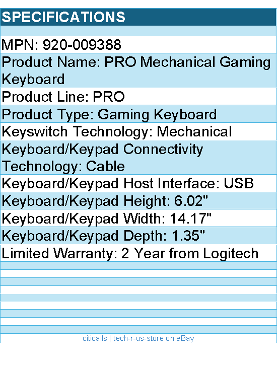 Logitech 920-009388 PRO Mechanical Gaming Keyboard - Mechanical - USB