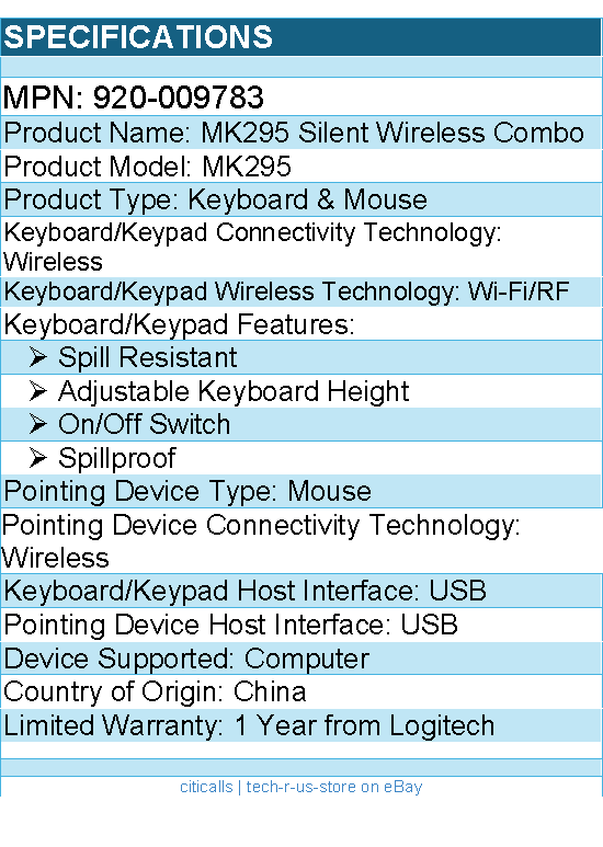 Logitech 920-009783 MK295 Silent Wireless Mouse & Keyboard Combo w SilentTouch