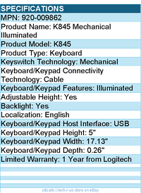 Logitech 920-009862 K845 Mechanical Illuminated Corded Aluminum Keyboard