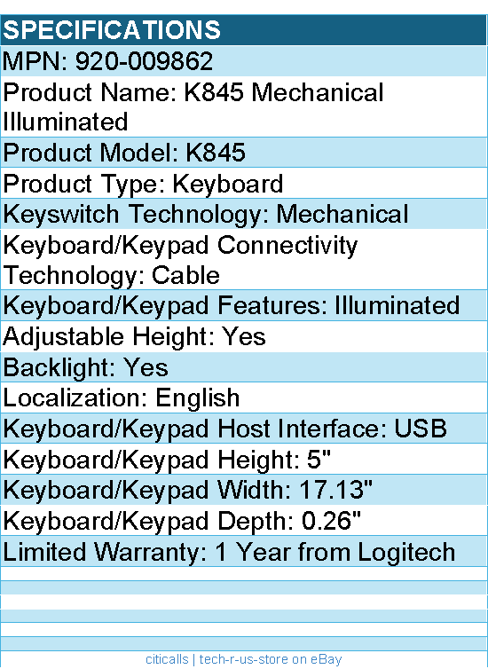 Logitech 920-009862 K845 Mechanical Illuminated Corded Aluminum Keyboard