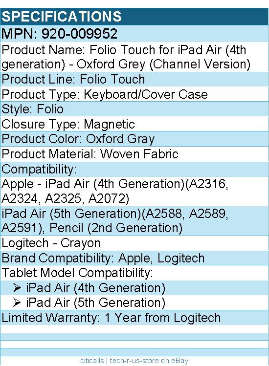 Logitech 920-009952 Folio Touch Keyboard/Cover Case for iPad Air  4th & 5th gen.