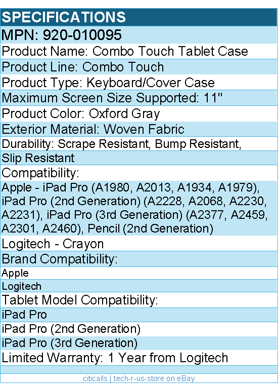 Logitech 920-010095 Combo Touch Keyboard/Cover Case for 11" Apple iPad Pro