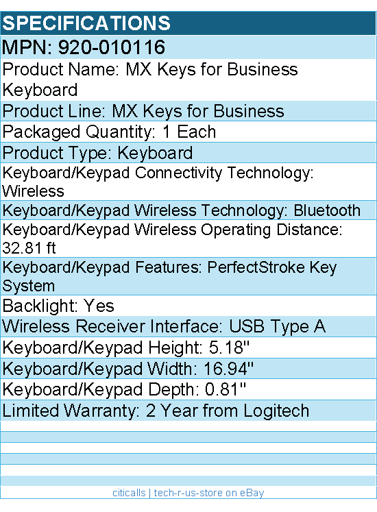 Logitech 920-010116 MX Keys Wireless Illuminated Keyboard - Graphite
