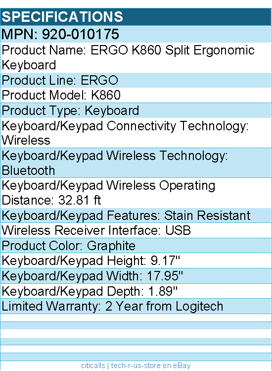 Logitech 920-010175 Ergo K860 Split Wireless Keyboard - Bluetooth - Graphite