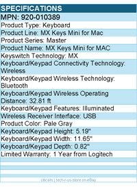 Logitech 920-010389 MX Keys Mini - Mac Minimalist Wireless Illuminated Keyboard