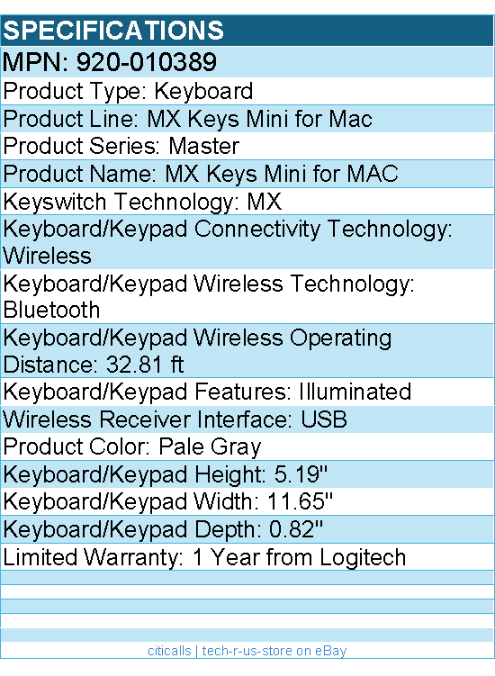 Logitech 920-010389 MX Keys Mini - Mac Minimalist Wireless Illuminated Keyboard