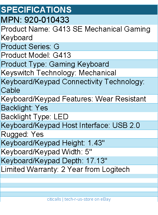 Logitech 920-010433 G413 SE Mechanical Gaming Keyboard - USB 2.0 Interface