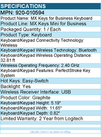 Logitech 920-010594 MX Keys Mini Wireless Illuminated Keyboard - Graphite