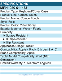 Logitech 920-011433 Combo Touch Keyboard/Cover Case (Folio) - Oxford Gray