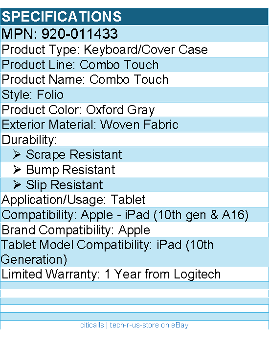 Logitech 920-011433 Combo Touch Keyboard/Cover Case (Folio) - Oxford Gray