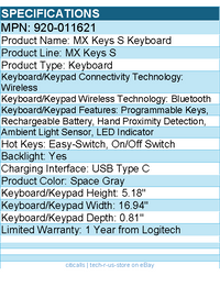 Logitech 920-011621 MX Keys S for Mac, Wireless Keyboard - Space Gray
