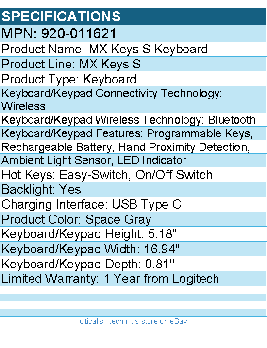 Logitech 920-011621 MX Keys S for Mac, Wireless Keyboard - Space Gray